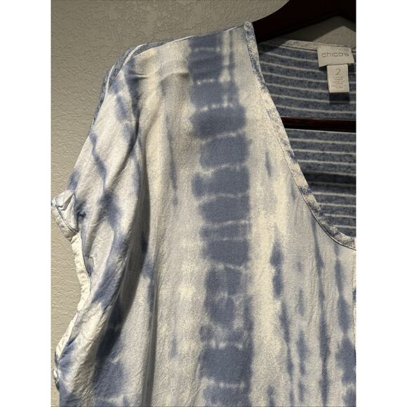Chicos Top Womens Large Gauzy Linen Blend Blue Boho Beach Cruise Resort Oversize - Picture 2 of 9